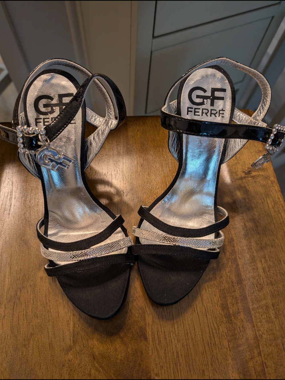 Made In Italy GF Ferre Black and Silver Strappy Evening Sandal Heels